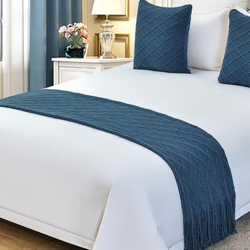 AHTCPO Cotton Knit Bed Runner Knitted Textured Throw Blanket, with Tassel Decorative Bedding Scarf Cover, with Matching Pillowcases, for Hotel Home(Blue,45 * 45cm*2-60 * 180cm)
