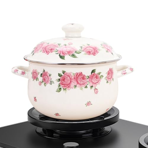 HEALEEP Olla de Esmalte Rosa de 20 Cm, 2.3 L, Cazuela para Sopa y Estofado Fondo Plano y Doble Oreja, Utensilio de Cocina Casero para Inducción y Uso Diario