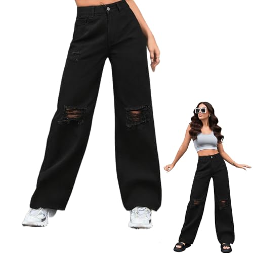 Women's Ripped Knees Baggy Jeans, High Waist Wide Leg Denim Pants Trendy Casual Jeans Loose Boyfriends Denim Pant