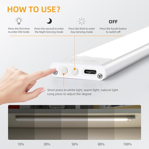 Image of ELLEVE- 20CM Rechargeable Under Motion Sensor LED Light for Wardrobe, Closet, Cabinet, Kitchen, Stairs, Drawer, Shelf, Garage, 3 Color Modes, Dimming, Wireless Magnetic Indoor Lights (Pack of 1)