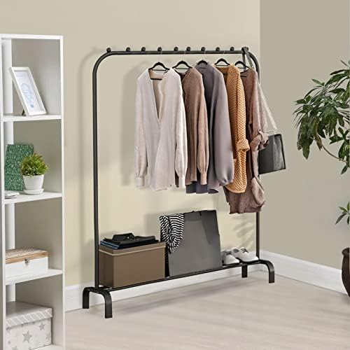 Holdfiturn Heavy Duty Clothes Rail 146 * 110 * 40cm Garment Rail Stand Clothes Drying Rack with Multi-slip Bead Lower Storage Shelf Freestanding Metal Cloth Hanging Rail for Bedroom (Black)