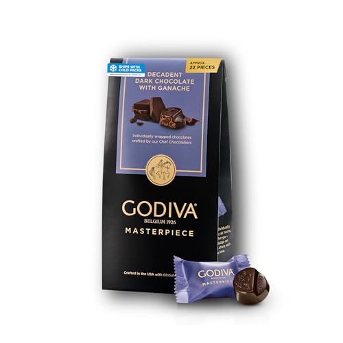 Godiva Masterpiece Dark Chocolate Bag, Individually Wrapped with Ganache Center, Gourmet Gift for Birthday, Holiday, Kosher, Halal, 7oz
