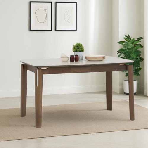 Image of Royaloak Muar Malaysian Sintered Top Dining Table 6 Seater | Wooden Dining Table with Sintered Stone Tabletop | Solid Wood Frame | Embossed Surface | Smooth Rounded Edges | Elegant Collection