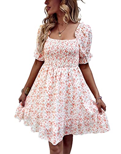 Oubaiyi Vestido evasé con Cuello Cuadrado y Fruncido a Media Pierna con Estampado Floral para Mujer para playa vacaciones C,XL Cover