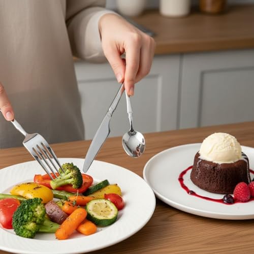 Image of Elegant Handle Silver 15 Pcs Heavy Duty Stainless Steel Cutlery Set for Dining Table (3 pcs Spoon Set+3 pcs Forks Set+3 pcs Butter Knife+3 pcs Dessert Spoon+ 3 Pcs Fuit Fork for Kitchen)