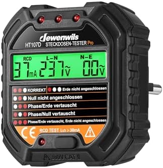 DEWENWILS Probador de Enchufes con Prueba RCD y Pantalla de Voltaje LCD, Pantalla de Luz Indicadora, Prueba FI, 48-250V/45-65Hz, CAT ll 300V