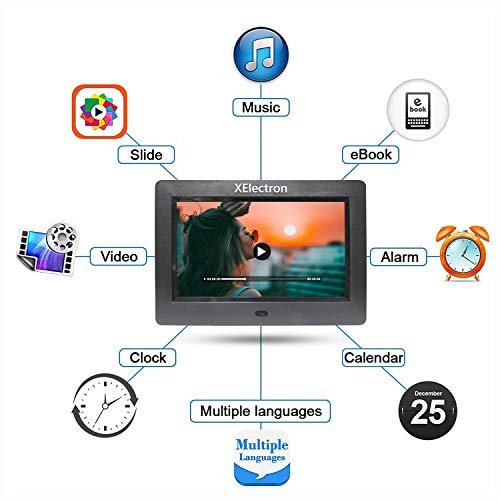 Image of XElectron 7 inch Digital Photo Frame with HD Display, 2GB RAM, 180 Wide Angle View, Auto Rotate, Play Photos, Videos, Music, Clock, Calendar and Slideshow with Remote (Black)