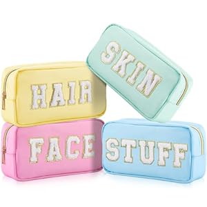 Cunno 4 Pcs Preppy Make-up Zakken Chenille Brief Stuff Bag Nylon Cosmetische Pouch Gevallen Met Rits Voor Vrouwen Reizen Toilettas, Pastel Kleuren, Levendig