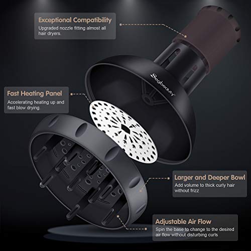 Segbeauty Hair Diffuser for Curly Hair, Upgraded Adjustable Air Flow, Deep Bowl, Professional Salon Frizz-free Fast Dry Diffuser Attachment with 1.57\"-1.97\" Nozzle, Black