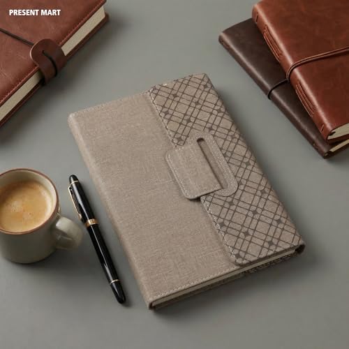 Image of FoldBook Personalized A5 Notebook with Magnetic Flap Closure, Premium Leather Pattern Design, 192 Pages 80 GSM Paper, Bookmark Ribbon, Custom Name Print Journal Diary, Brown