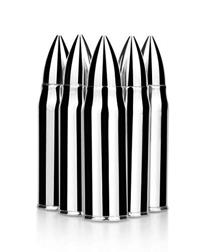 RUNZI Bullet Whiskey Stones Set of 6 Stainless Steel Ice Cubes, Reusable Stainless Steel Chilling Rocks With Realistic Revolver Freezer Base, Gift Box Packaging