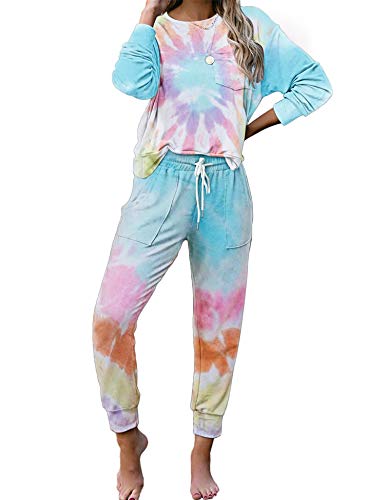 Women's Casual Sweatsuits Sets Long Sleeve Pullover Shirts and Lounge Jogger Pants Tie Dye Printed Pajamas Sets