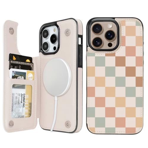 Image of uCOLOR for iPhone 13 Pro Max Wallet Case Magsafe with Card Holder Slot【Compatible with MagSafe】 Folio Flip PU Leather RFID Blocking Design (Pastel Check Vibes, iPhone 13 Pro Max)