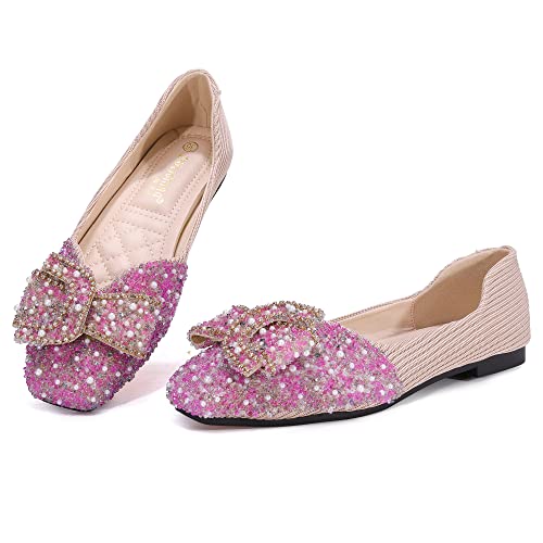 QXCGDYXT Pink Flats Shoes Women Rhinestone Square Fashion Ballet Flats Wedding Flats for Women Comfortable Slip on Low Heel Dress Shoes Size - 9