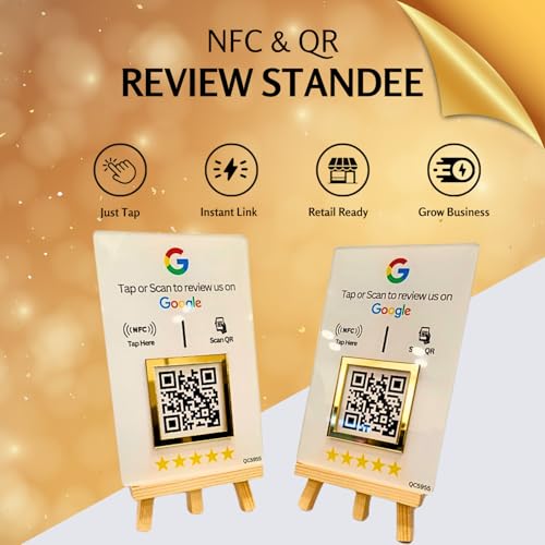 Image of NFC & QR Tap or Scan Feedback Standee for Business - Contactless Link Sharing for Shops, Clinics, Salons, Restaurants - Golden Border - Acrylic Standee