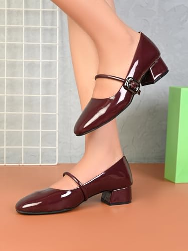 Image of XE Looks Women's Mary Jane Strap Block Heel Pumps with Glossy Upper | Closed Toe Design | Soft Cushioned Insole | Stable Supportive Heel for Girls & Women Black