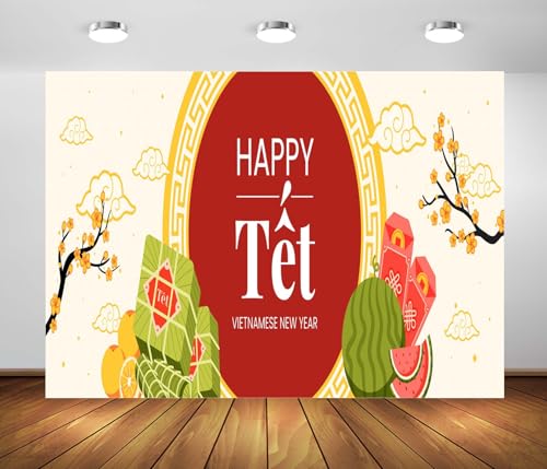 BELECO 7x5ft Fabric Happy TET Vietnamese New Year Backdrop TET Decorations Lunar New Year Background Asian New Year Party Decorations Holiday Photoshoot Studio Props