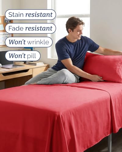 Image of Twin XL 4 Piece Sheet Set - College Dorm Room Essentials - Red | Ultra Soft Dorm Bedding Set, 8 inch to 16 inch Inch Deep Pockets, 1 Flat & 1 Fitted Sheet & 2 Pillowcases, Wrinkle & Fade Free