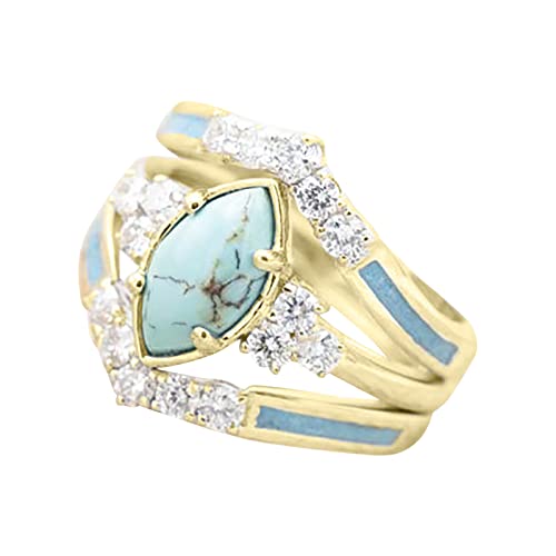 Pingyongchang 3 PCS Ring Set Natural Turquoise Diamond Rings Turquoise Gold Color Rings for Women Turquoise Jewelry Sparkling Natural Gemstone