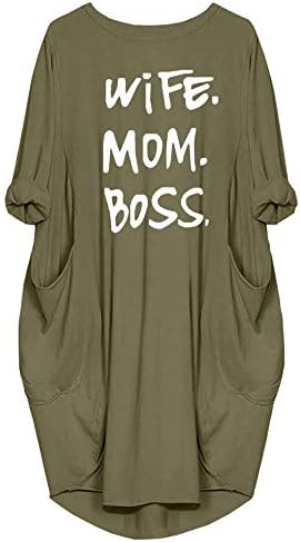 Women’s Wife Mom Boss Tunic Dress Long Sleeve Oversize Baggy Causal Loose Dress with Big Pockets Grey