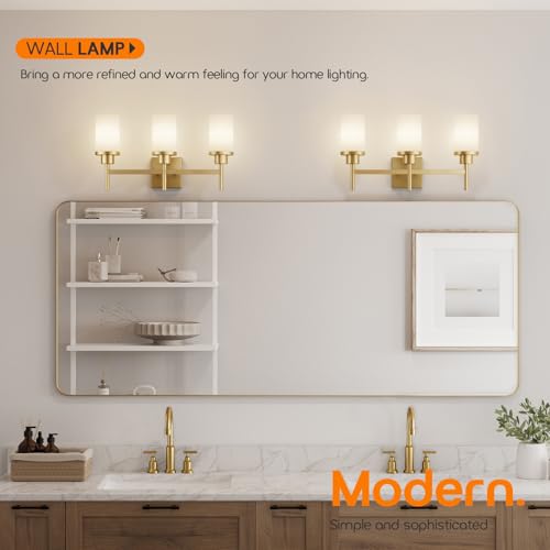 Image of Bathrom Light Fixtures Modern Gold 3 Vanity Lights Over Mirror, Wall Lamps with White Frosted Glass Shade for Toilet Washroom Bath T001GD-L3