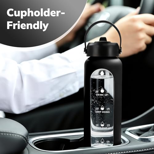 Image of Aqulea 32 oz Glass Water Bottle with 2 Lids - Spout & Straw Lids, 1L Motivational Borosilicate Glass Water Bottle with Time Marker & Silicone Sleeve, Leakproof (Black)