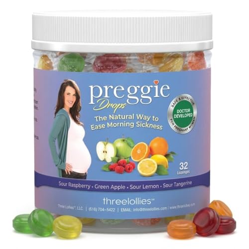 Image of Three Lollies Preggie Drops Pregnancy Nausea Lozenges with Essential Oils & Fruit Extracts, Morning Queasiness Lozenges for Pregnant Women, Natural Sour Drops Variety Pack, 32 Count