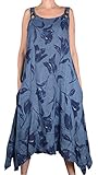  Grisodonna Style Damen lang Leinen Sommer zipfel Maxi Kleid Tunika 38 40 42 44 M L XL Jeans Blau Tulpen Blumen Print Strand Urlaub Lagenlook zu Bolero Jacke (42)