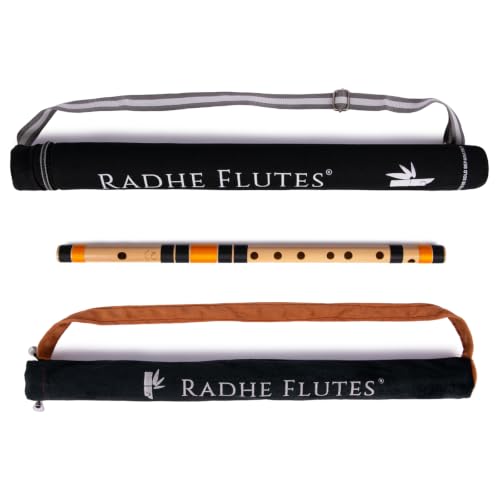 Image of Radhe Flutes Bamboo Bansuri C Sharp Right Handed Middle Octave (18 inch) With Hard Cover (Beige Flute With Black & Orange Threads)