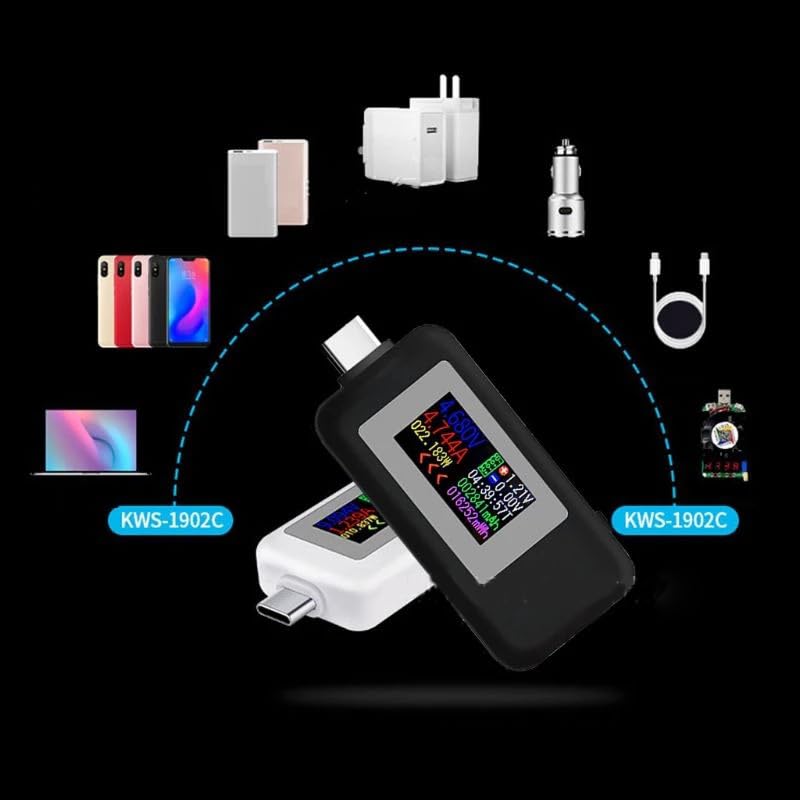 Two KWS-1902C USB-C Testers, one black and one white, connected to different devices, demonstrating their use in various charging scenarios.