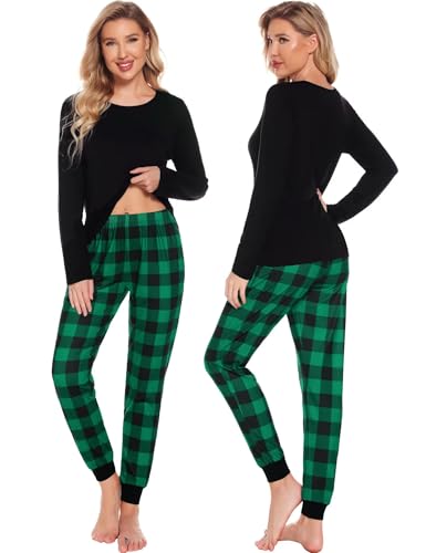 SWOMOG Christmas Pajamas for Women Men Long Sleeve Black Pull Over Top with Plaid Pajama Pants Pj Set Couples Pajama Set4
