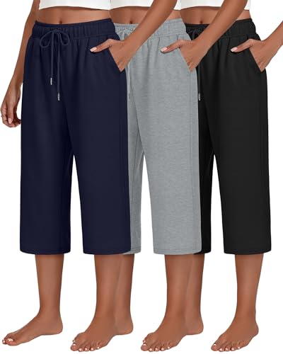 Neer 3 Pack Women's Capri Pants, Drawstring Wide Leg Crop Lounge Sweatpants Summer Yoga Casual Cropped Pants with Pocket(Black, Light Gray, Navy Blue,Medium)
