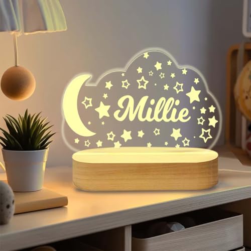 DIY Personalized LED Rainbow Night Light for Baby,Custom Acrylic Table Lamp with Messege Pen, Star Cloud Forest Butterfly Animal Theme with Wooden Base for KidsToddler Birthday Gifts (Clouds)