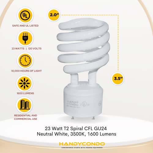 Handycondo-23 Watt Cfl Gu24 Light Bulb With Two Prongs - T2 Mini Spiral Light Bulbs 3500K - 120V 60Hz Neutral White Light 1600Lu - Twist Lock Compact Fluorescent Light Bulbs For Indoor Use -4 Pack Ul #TOP1