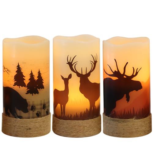 Image of Eldnacele Flameless Flickering Candles Deer, Moose, Bear Decal with Hemp Rope and 6H Timer, Battery Operated LED Pillar Candles Real Wax Home Decor Christmas and Gift Set of 3