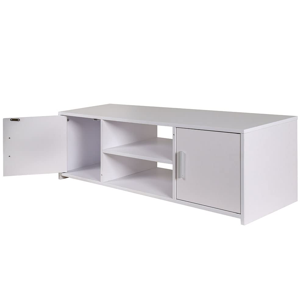 BAKAJI Mobile Mobiletto TV in Legno MDF Credenza con Base Televisione 2 Scomparti Aperti Porta Console Videogiochi DVD e 2 Ante Dimensione 110 x 35 x 36 cm Colore Bianco Design Moderno