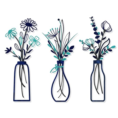 3 Pieces Metal Flowers Wall Arts - Rustic Farmhouse Style Décor Metal Wall Art Black Minimalist Flower Natural Themed Wall Decors for Home Bedroom Dining Room Housewarming (Blue)