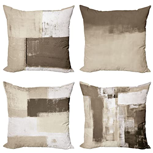 Ambesonne Grunge Throw Pillow Cushion Case Pack Of 4, Abstract And Modern Style Brushstroke Ornaments Geometric Square Details, Modern Accent Double-Sided Digital Printing, 18", Taupe Dark Eggshell #TOP6