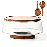 [Design Raffiné & Matériaux Naturels]Ce saladier verre est composé d'un bol en verre sans plomb soufflé à la main (transparent ou strié au choix) et d'un support en bois massif naturel. Le couvercle en bois véritable ajoute une touche d'élégance rustique tout en protégeant vos aliments de la poussière. Note : En raison des matériaux naturels, les nœuds du bois, les bords blancs et les légères bulles d'air dans le verre soufflé sont des caractéristiques normales et non des défauts.