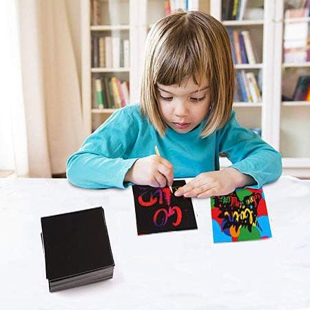YUKKLY 100 Sheets Rainbow Scratch Paper; Scratch Art Paper; Black Doodle Pad with Rainbow Background, 10 Wooden Styluses and 4 Drawing Stencils