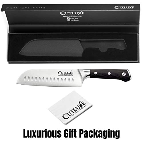 Cutluxe Santoku Knife - 7 Inch Kitchen Knife Forged of High Carbon German Steel - Ergonomic Pakkawood Handle - Full Tang Razor Sharp Blade for Dicing, Mincing and Chopping