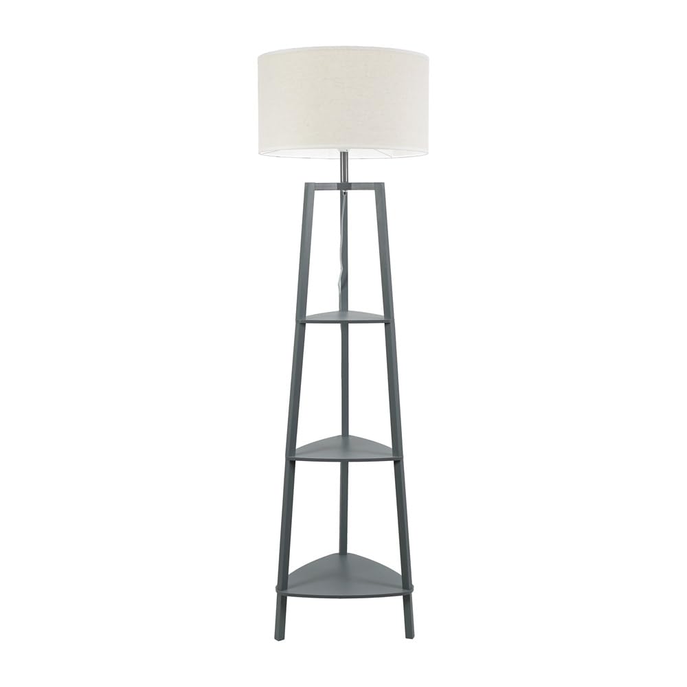 ValueLights | Grey Wooden 3 Tier Shelf Floor Lamp with White Trim Drum Shade Living Room Lounge Light | Floor Lamps, Home Décor & Improvement Essential | Included LED Bulb