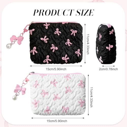 Image of MAYCREATE 2PCS Fashion Makeup Bag Set Textured Embossed Zipper Cosmetic Pouches with Sweet Bow Print & Faux Pearl Bow Charm, Portable Toiletry Organizer for Travel, Purse & Daily Use, 14x12cm