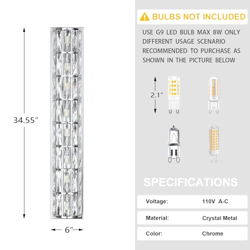 Image of 2 Pack 8 Light Modern Concise 34.55 inch Polyhedral Crystal Shade Wall Sconce Light Fixtures,Chrome Finish for Bathroom,Bedroom Living Room Bedside G9 Base