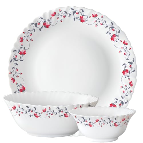 Image of Larah by Borosil Opalware Dinner Set Microwave & Dishwasher Safe | Bone-Ash Free | Crockery Set for Dining & Gifting | Plates & Bowls (Pentas, 14pc)