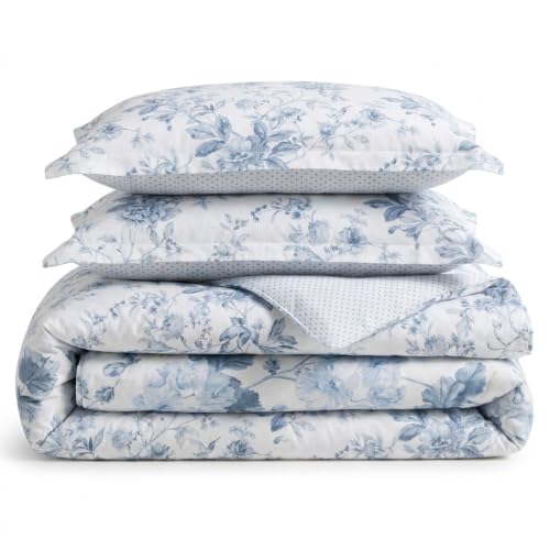 Image of Martha Stewart - Twin Comforter Set, 100% Silky Smooth Cotton Sateen Floral Bedding for Year Round Comfort, 2 Piece Bed Set with Matching Pillowcase (Songbird Blue)