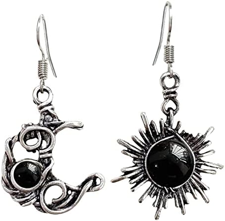 Boho Opal Sun and Moon Drop Dangle Earrings Moonstone Natural Stone Hook Bohemian for Women Girls Asymmetrical Antiqued Silver Celestial Jewelry-Black