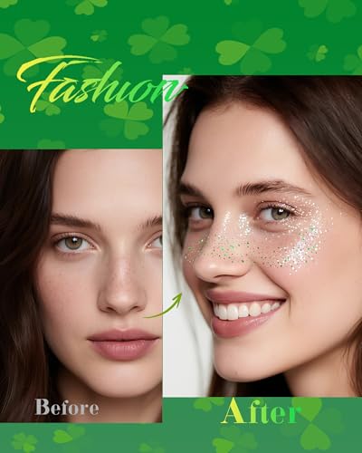 Image of XICZH Face Glitter, Green Temporary Face Tattoos Stickers, Body Face Glitter for Women Girls, Green Freckles for St Patrick's Day Country Concerts Singer Festival Rave Accessories (Green - 10 pcs)