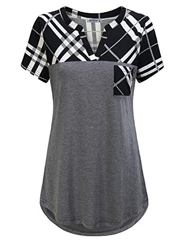 MOQIVGI Misses Tops,Short Sleeve Spring Summer Fashion Clothes Vintage Tartan Plaid Splicing Flowy Shirts Business Casual Cute Regular Fit Checkered Pattern Swing Tunic Blouses Grey XX-Large