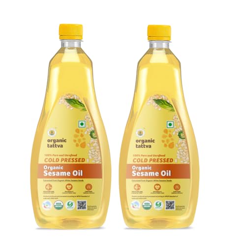 Image of Organic Tattva, Organic Sesame Oil, 1 Litre | Unrefined Safed Til Ka Tel | Cholesterol and Tran Fat Free| 100% Organic | Pesticide and Chemical Free | Pure and Unadulterated | Double Filtered | Expeller-Pressed | Pack of 2